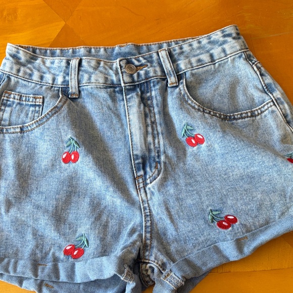 SHEIN Pants - SHEIN Light Blue Denim Shorts with Cherry Embroidery